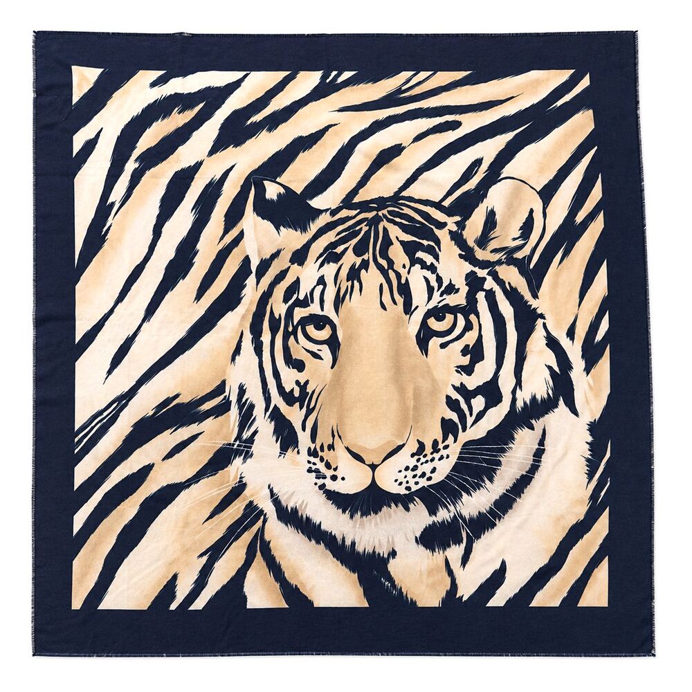 Vintage Elaine Gold Italy Tiger Print Scarf 46x46 Navy Camel Animal Safari Chic